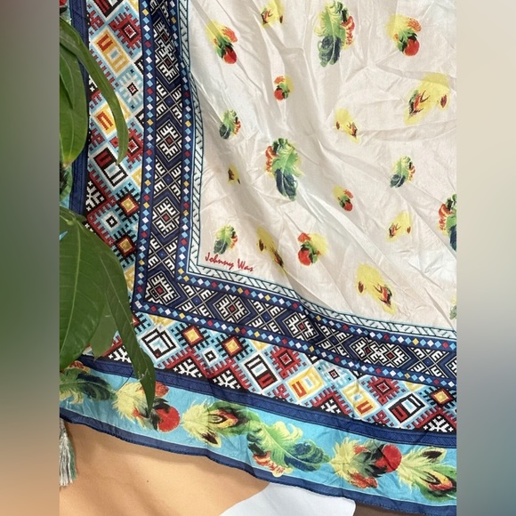 Beautiful Johnny Was Silk Scarf With Tassels 47”X 43” Floral Aztec Boho - Picture 10 of 13